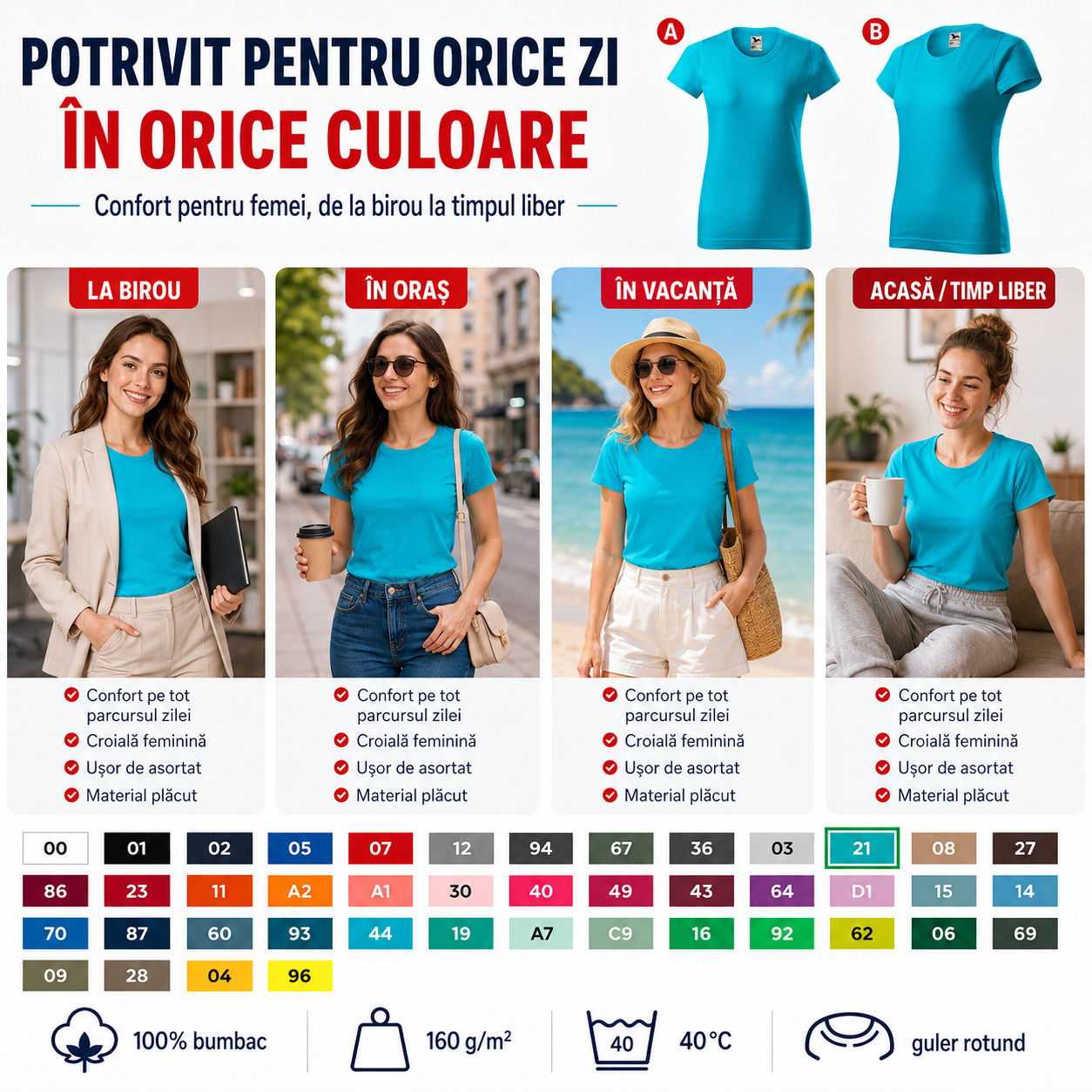 Tricou damă simplu potrivit pentru birou, oraș, vacanță, acasă și timp liber